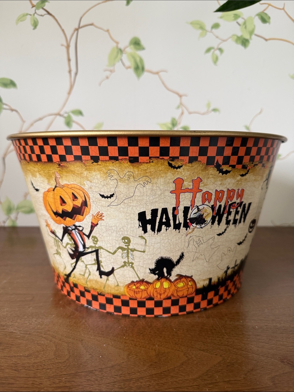Vintage Style Metal Halloween Candy Bucket - Retro Graphics